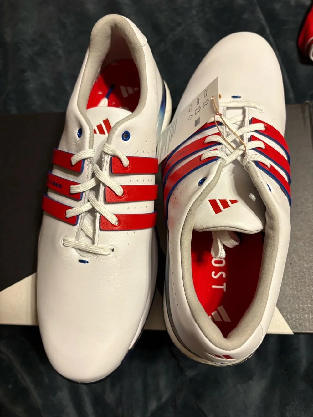 adidas White Sneakers with Red Three-Stripes and Blue Accents